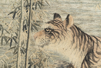 A Japanese embroidered silk with six tigers in the bamboo forest, 應舉 mark, Meiji, 19th C.