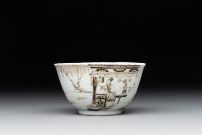A fine Chinese gilt-decorated grisaille 'Xi Xiang Ji' cup and saucer, Yongzheng