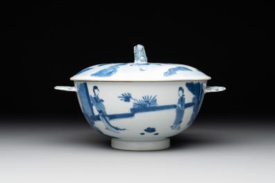A Chinese blue and white 'Long Elizas and playing boys' covered bowl, Chenghua mark, Kangxi