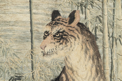 A Japanese embroidered silk with six tigers in the bamboo forest, 應舉 mark, Meiji, 19th C.
