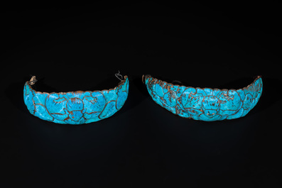 A pair of Chinese kingfisher feather tiaras and a pair of 'bajixiang' hairpins, 19th C.