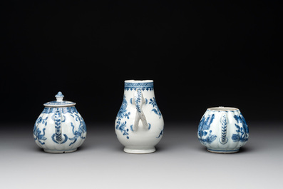 Four Chinese blue and white teapots, a milk jug, a cup and two saucers, Kangxi/Qianlong