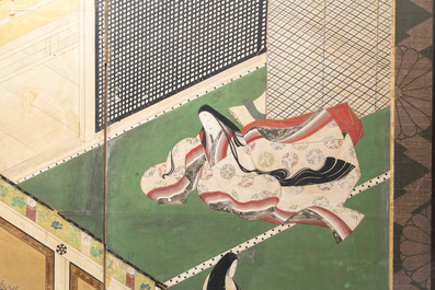 A Japanese six-panel 'byobu' screen: ink, colour and gold leaf on paper, with silk border, Edo, 18th C.