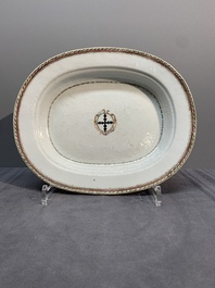 A Chinese export famille rose covered tureen and an oval dish with strainer, Jiaqing