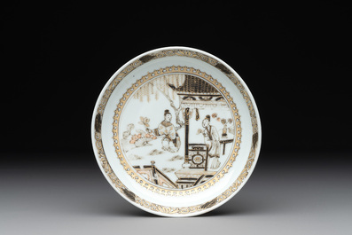 A fine Chinese gilt-decorated grisaille 'Xi Xiang Ji' cup and saucer, Yongzheng