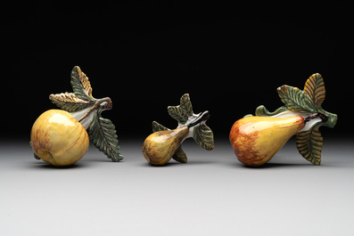 Polychrome Dutch Delft hanging models of an apple and two pears, 18th C.