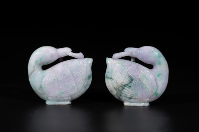 A pair of Chinese lavender- and apple-green jadeite mandarin ducks, Qing