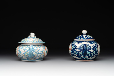 Two Chinese famille rose blue-ground teapots and covers for the Straits or Peranakan market, Tongzhi mark and of the period