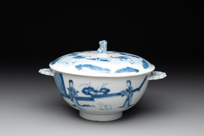 A Chinese blue and white 'Long Elizas and playing boys' covered bowl, Chenghua mark, Kangxi