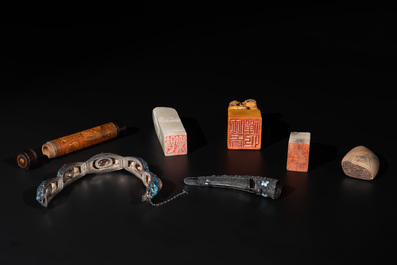 Four Chinese jade seals, a bamboo incense tube and two enamelled silver wares, 19th C.