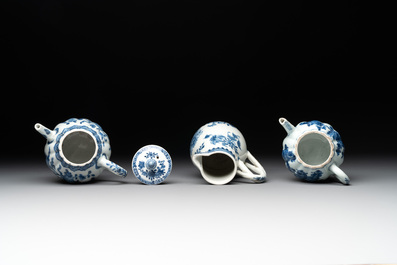 Four Chinese blue and white teapots, a milk jug, a cup and two saucers, Kangxi/Qianlong