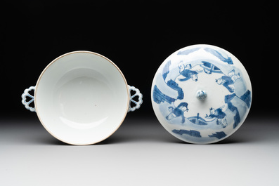 A Chinese blue and white 'Long Elizas and playing boys' covered bowl, Chenghua mark, Kangxi