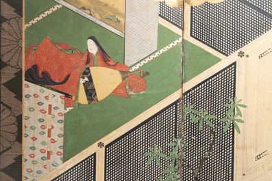 A Japanese six-panel 'byobu' screen: ink, colour and gold leaf on paper, with silk border, Edo, 18th C.