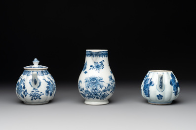 Four Chinese blue and white teapots, a milk jug, a cup and two saucers, Kangxi/Qianlong