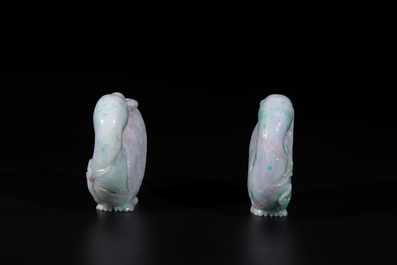 A pair of Chinese lavender- and apple-green jadeite mandarin ducks, Qing