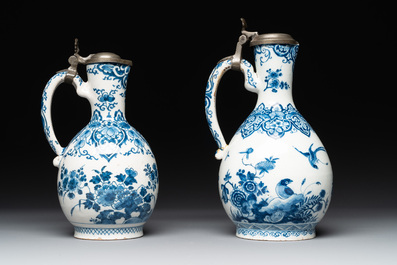 Two blue and white Dutch Delft jugs with pewter mounts, early 18th C.