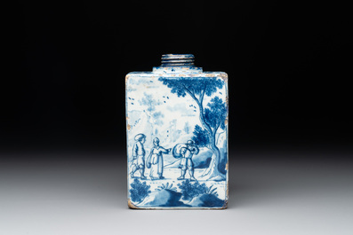 A blue and white Dutch Delft tea caddy with narrative design, early 18th C.