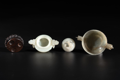 Two Chinese celadon jade censers, a snuff bottle and a two-handled cup, Ming and later