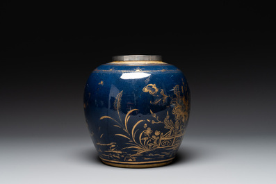 A Chinese gilt-decorated powder-blue 'phoenix' jar with a later silver cover, Qianlong