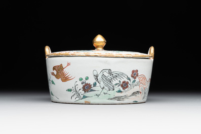A polychrome Dutch Delft petit feu 'chinoiserie' butter tub and cover, 18th C.