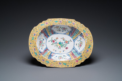 A Chinese Canton enamel helm-shaped ewer with shell-shaped basin, Qianlong