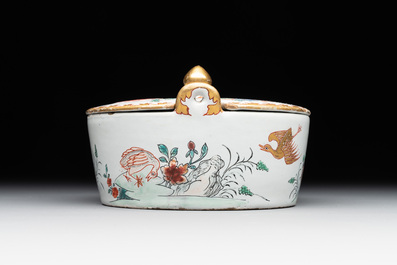 A polychrome Dutch Delft petit feu 'chinoiserie' butter tub and cover, 18th C.