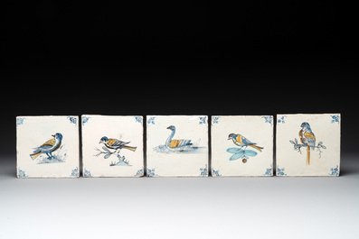 9 polychrome Dutch Delft 'bird' and 'swan' tiles, 17th C.