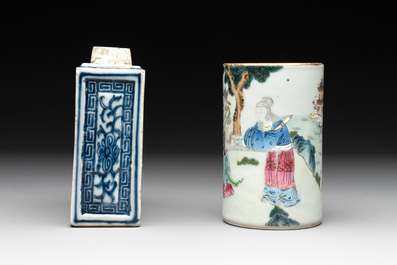 Five Chinese blue, white and famille rose wares, Qianlong and Xianfeng marks, 19/20th C.