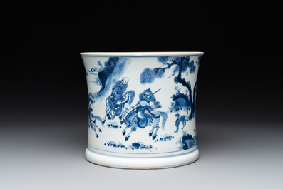 A rare Chinese blue and white 'Mongolian hunt' brush pot, Wen Zhang Shan Dou 文章山斗 mark, Kangxi