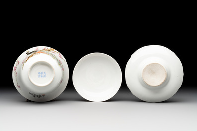 Five Chinese blue, white and famille rose wares, Qianlong and Xianfeng marks, 19/20th C.