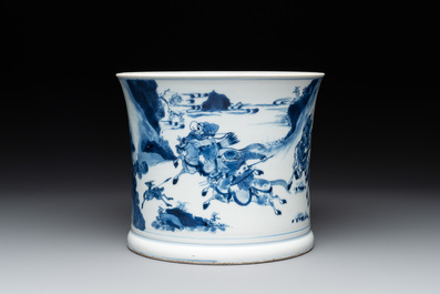 A rare Chinese blue and white 'Mongolian hunt' brush pot, Wen Zhang Shan Dou 文章山斗 mark, Kangxi