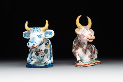 Four polychrome and petit feu Dutch Delft cows, 18th C.