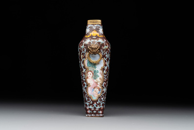 A square Chinese Canton enamel 'European subject' vase, Qianlong mark and probably of the period