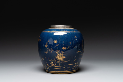 A Chinese gilt-decorated powder-blue 'phoenix' jar with a later silver cover, Qianlong