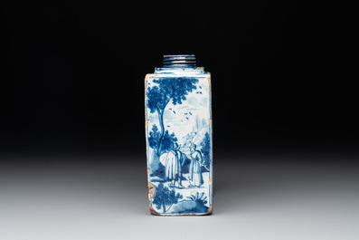 A blue and white Dutch Delft tea caddy with narrative design, early 18th C.