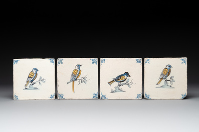 9 polychrome Dutch Delft 'bird' and 'swan' tiles, 17th C.