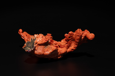 A Chinese red coral group of goddesses on wooden stand, 19/20th C.