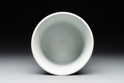 A rare Chinese blue and white 'Mongolian hunt' brush pot, Wen Zhang Shan Dou 文章山斗 mark, Kangxi
