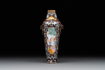 A square Chinese Canton enamel 'European subject' vase, Qianlong mark and probably of the period
