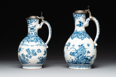 Two blue and white Dutch Delft jugs with pewter mounts, early 18th C.