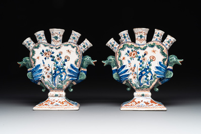 A pair of polychrome Dutch Delft cashmere palette tulip vases, 19th C.
