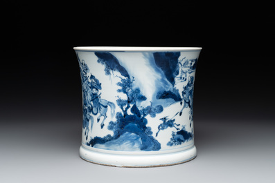 A rare Chinese blue and white 'Mongolian hunt' brush pot, Wen Zhang Shan Dou 文章山斗 mark, Kangxi