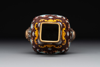 A square Chinese Canton enamel 'European subject' vase, Qianlong mark and probably of the period