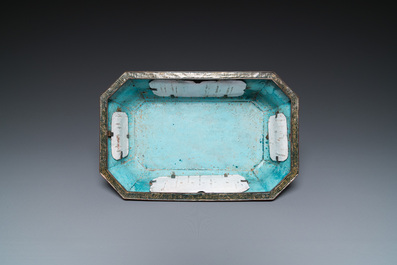 A Chinese Canton enamel gilt-decorated dark-green-ground jardini&egrave;re with four inserted plaques, Qianlong/Jiaqing
