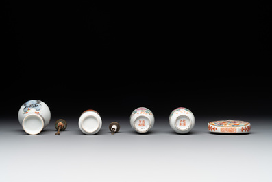 Five Chinese famille rose snuff bottles, Qianlong mark, 19/20th C.