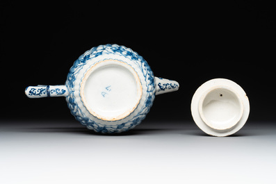 A blue and white Dutch Delft 'dragon' teapot, 18th C.