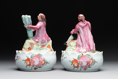 A pair of polychrome Dutch Delft petit feu butter tubs with allegorical depictions of the seasons, 18th C.