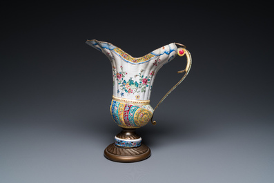 A Chinese Canton enamel helm-shaped ewer with shell-shaped basin, Qianlong