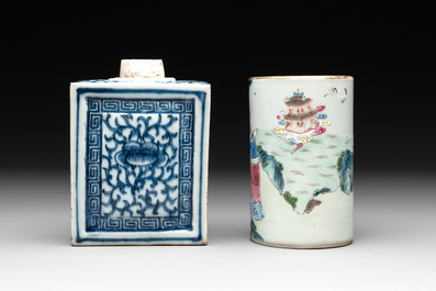 Five Chinese blue, white and famille rose wares, Qianlong and Xianfeng marks, 19/20th C.