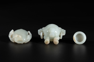 Two Chinese celadon jade censers, a snuff bottle and a two-handled cup, Ming and later